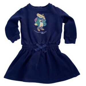 Ralph Lauren Girl's LS Classic Navy Fleece Dress Soft Cotton Polo Bear, 9 months